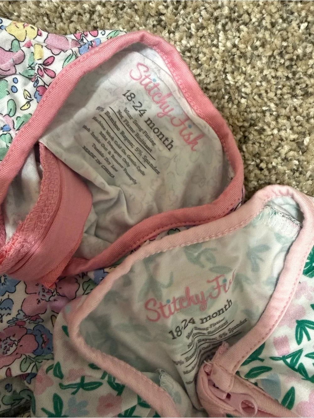 Stitchy Fish Pink Floral Zip Baby Rompers - Set of 2